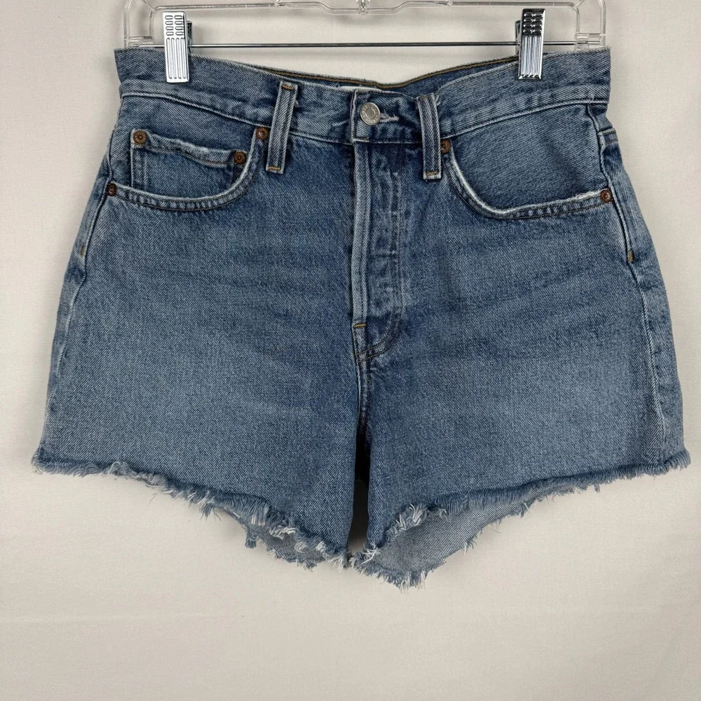 AGOLDE Parker Long High Rise Denim Shorts 26 Blue Frayed Hem